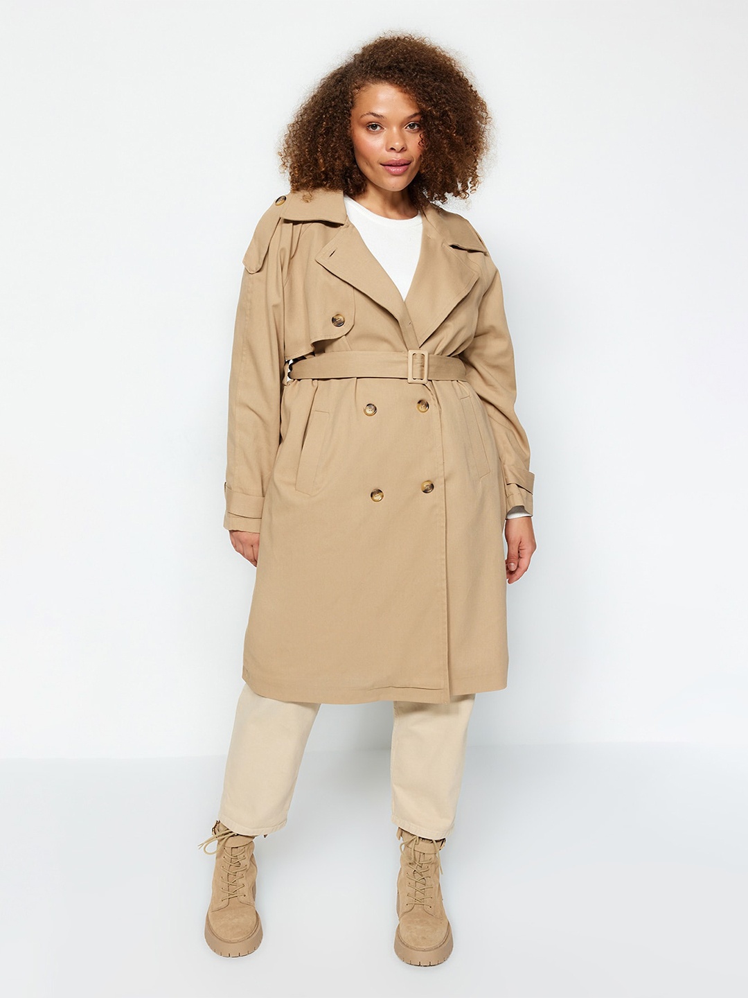 

Trendyol Plus Size Notched Lapel Collar Double-Breasted Longline Trench Coat, Khaki