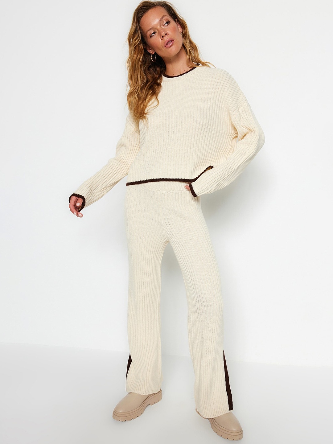 

Trendyol Self-Design Sweater & Trousers Co-Ords, Cream