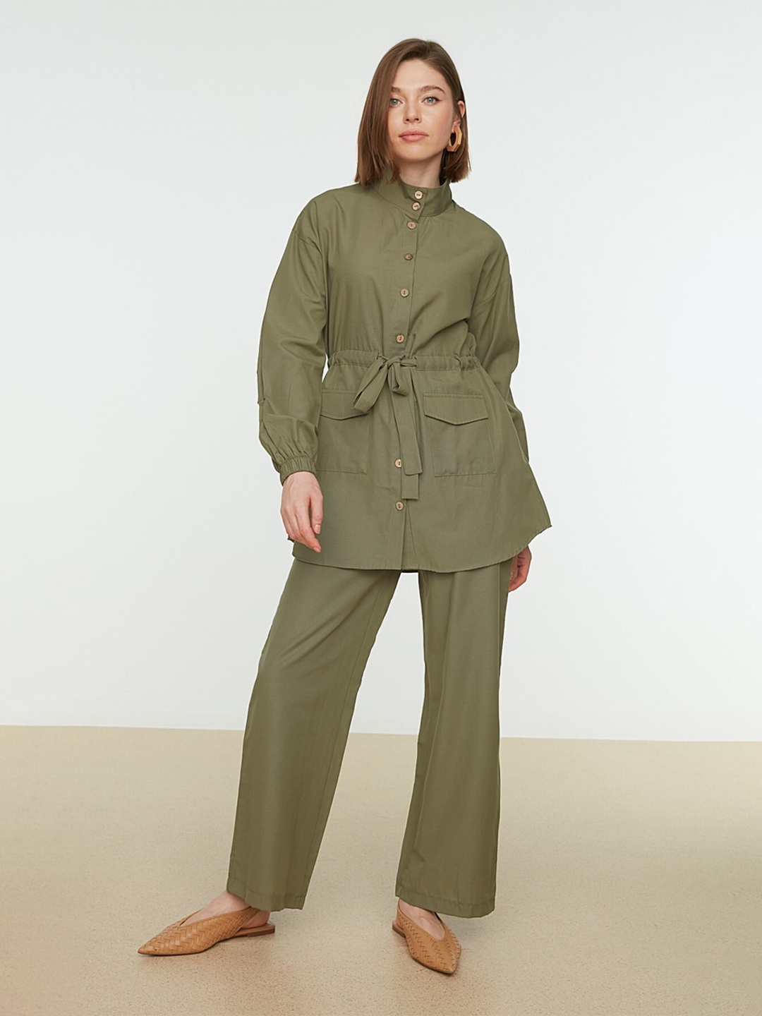 

Trendyol High-Neck Top With Trouser Co-Ords, Khaki