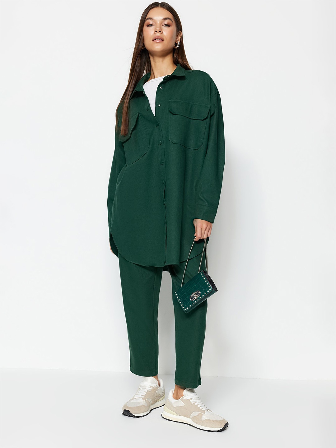 

Trendyol Spread Collar Shirt With Trousers Pure Cotton Co-Ords, Green