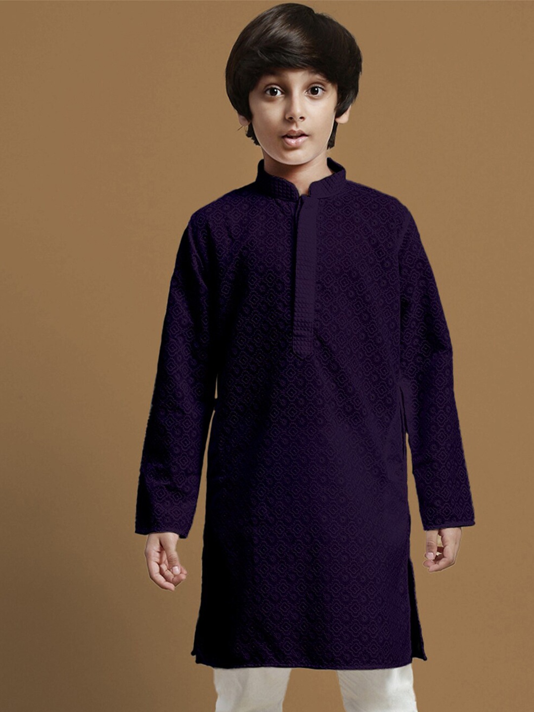 

Sanwara Boys Chikankari Embroidered Mandarin Collar Straight Kurta, Purple