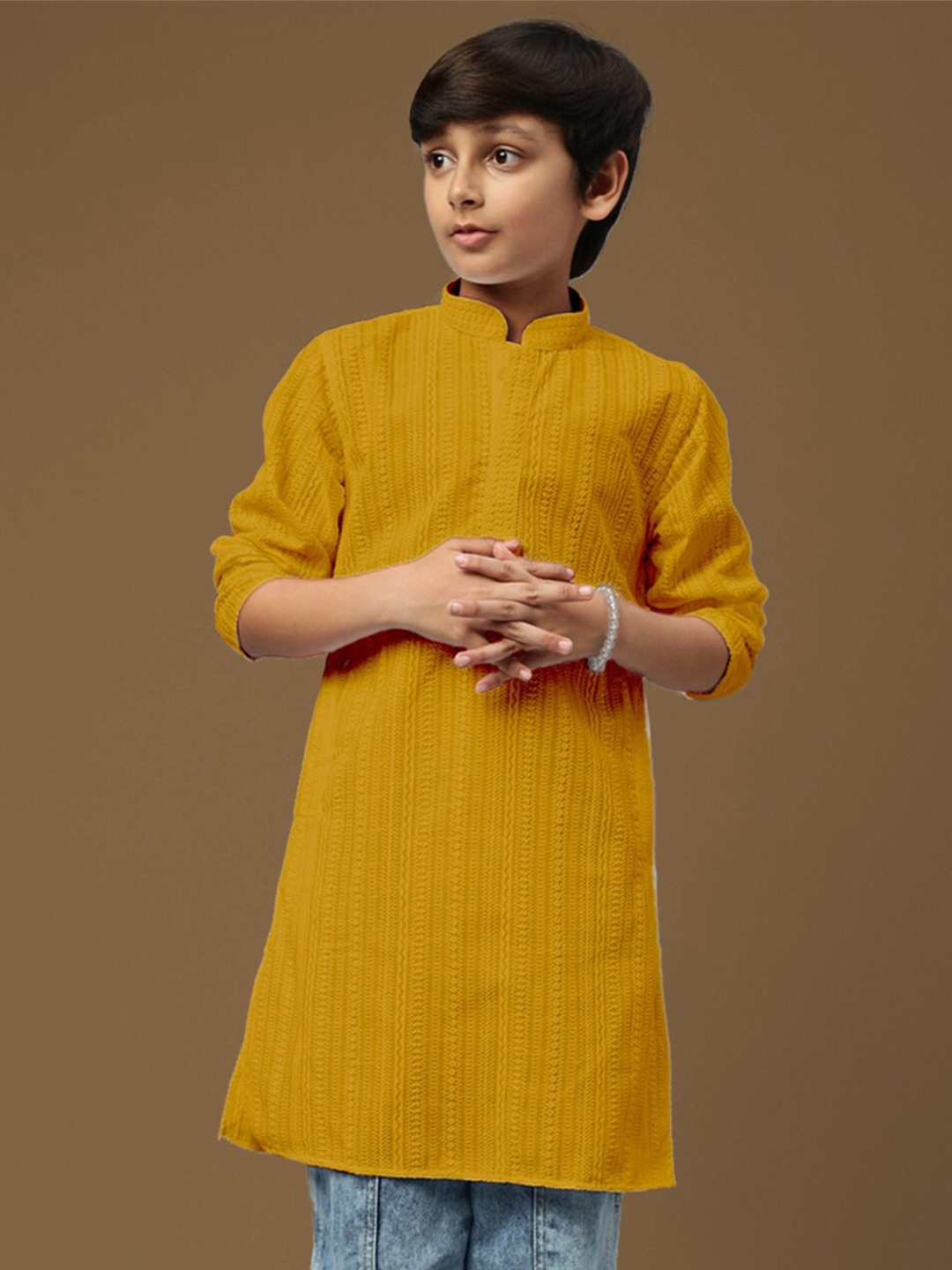 

Sanwara Boys Embroidered Chikankari Ethnic Kurta, Mustard