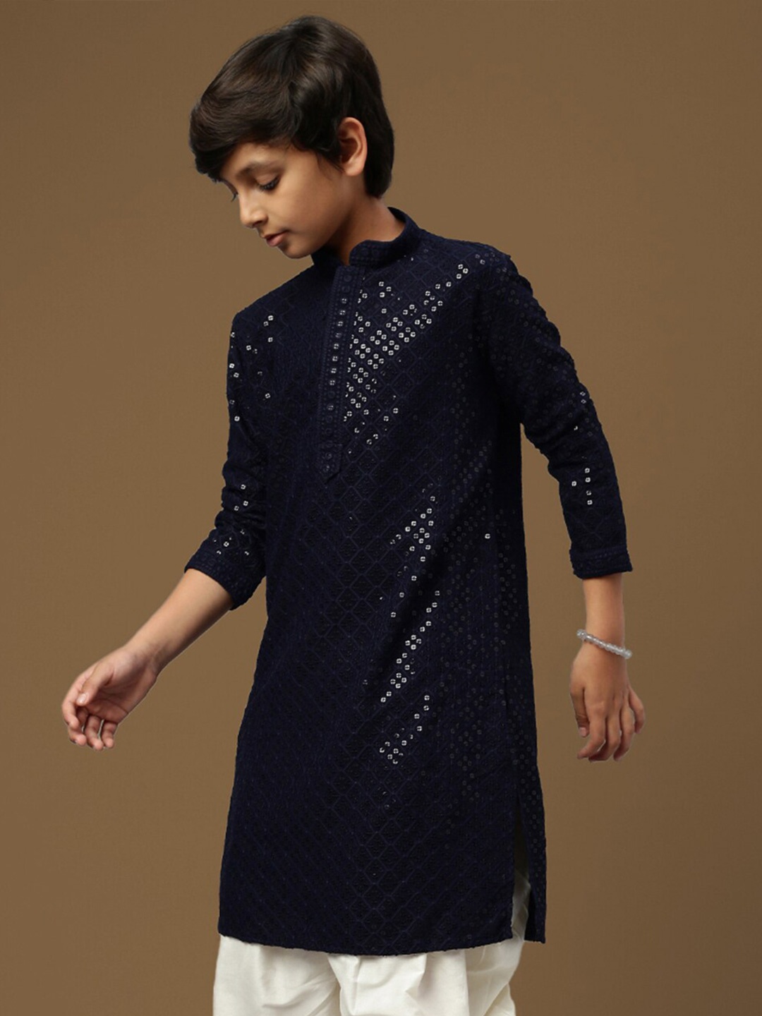 

Sanwara Boys Chikankari With Sequins Embroidered Pastels Straight Kurta, Blue