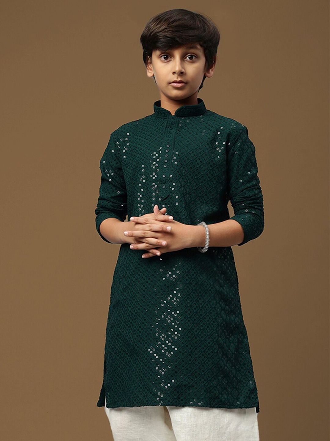 

Sanwara Boys Chikankari With Sequins Embroidered Pastels Straight Kurta, Green