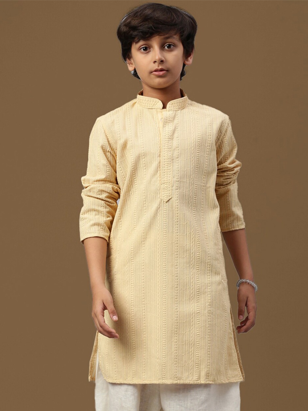

Sanwara Boys Chikankari Embroidered Mandarin Collar Straight Kurta, Beige