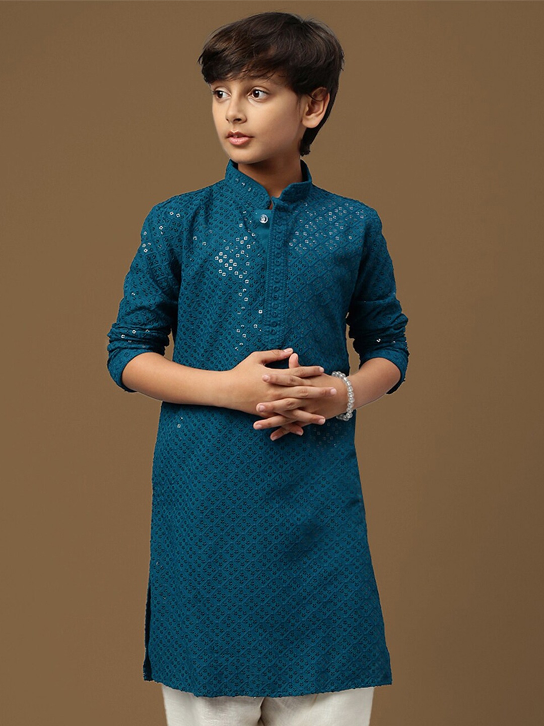 

Sanwara Boys Sequins Thread Work Pastels Straight Kurta, Green