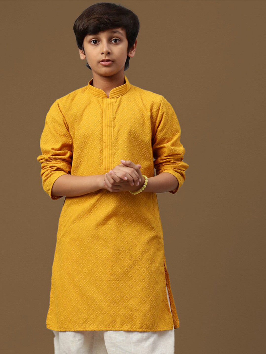 

Sanwara Boys Mandarin Collar Long Sleeves Pastels Cotton Kurta, Yellow