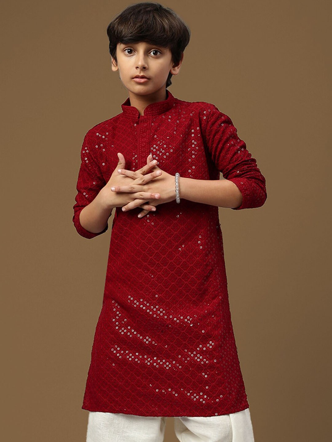 

Sanwara Boys Chikankari With Sequins Straight Kurta, Maroon