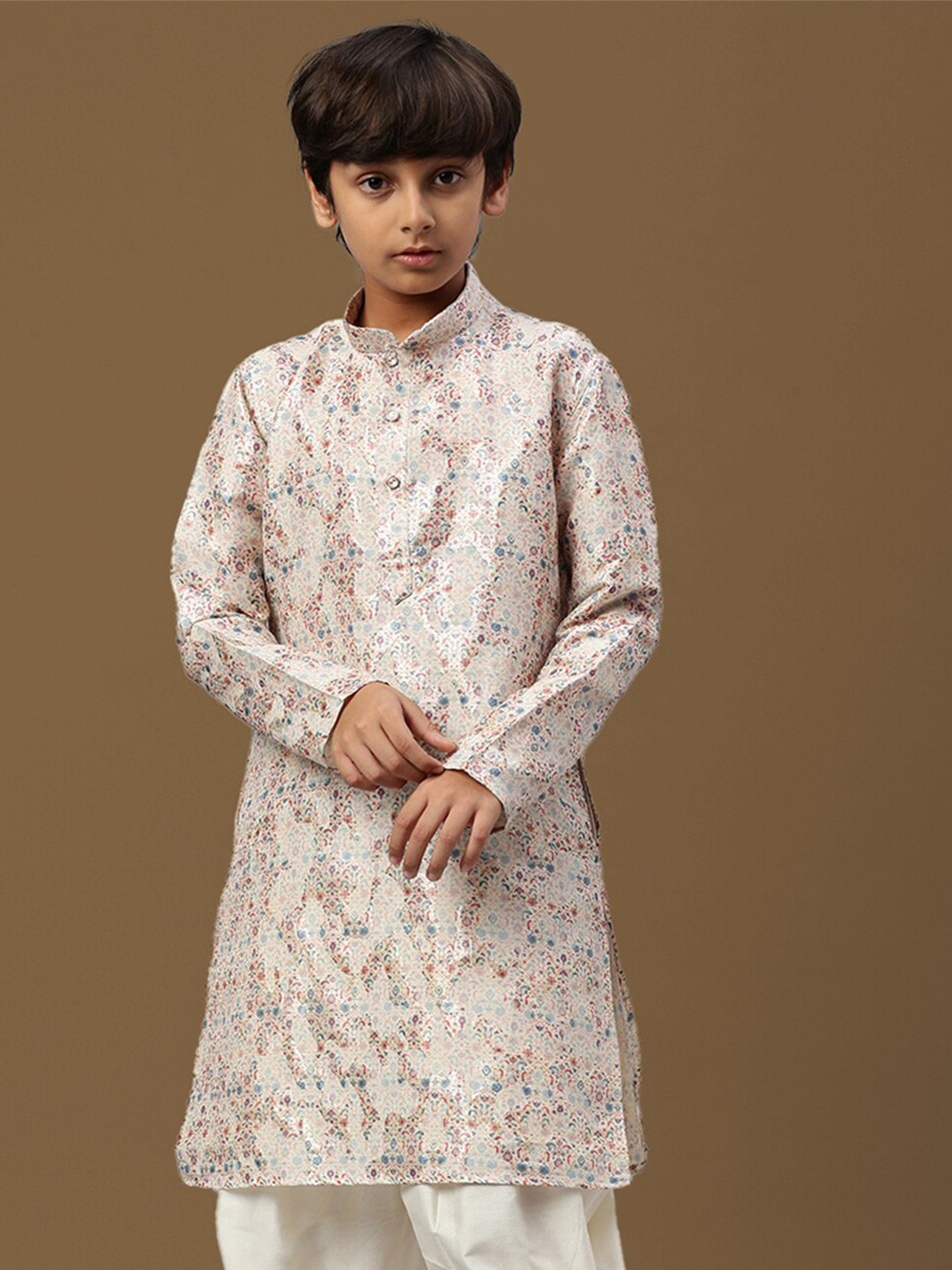 

Sanwara Boys Foil Printed Mandarin Collar Pastels Straight Kurta, Beige