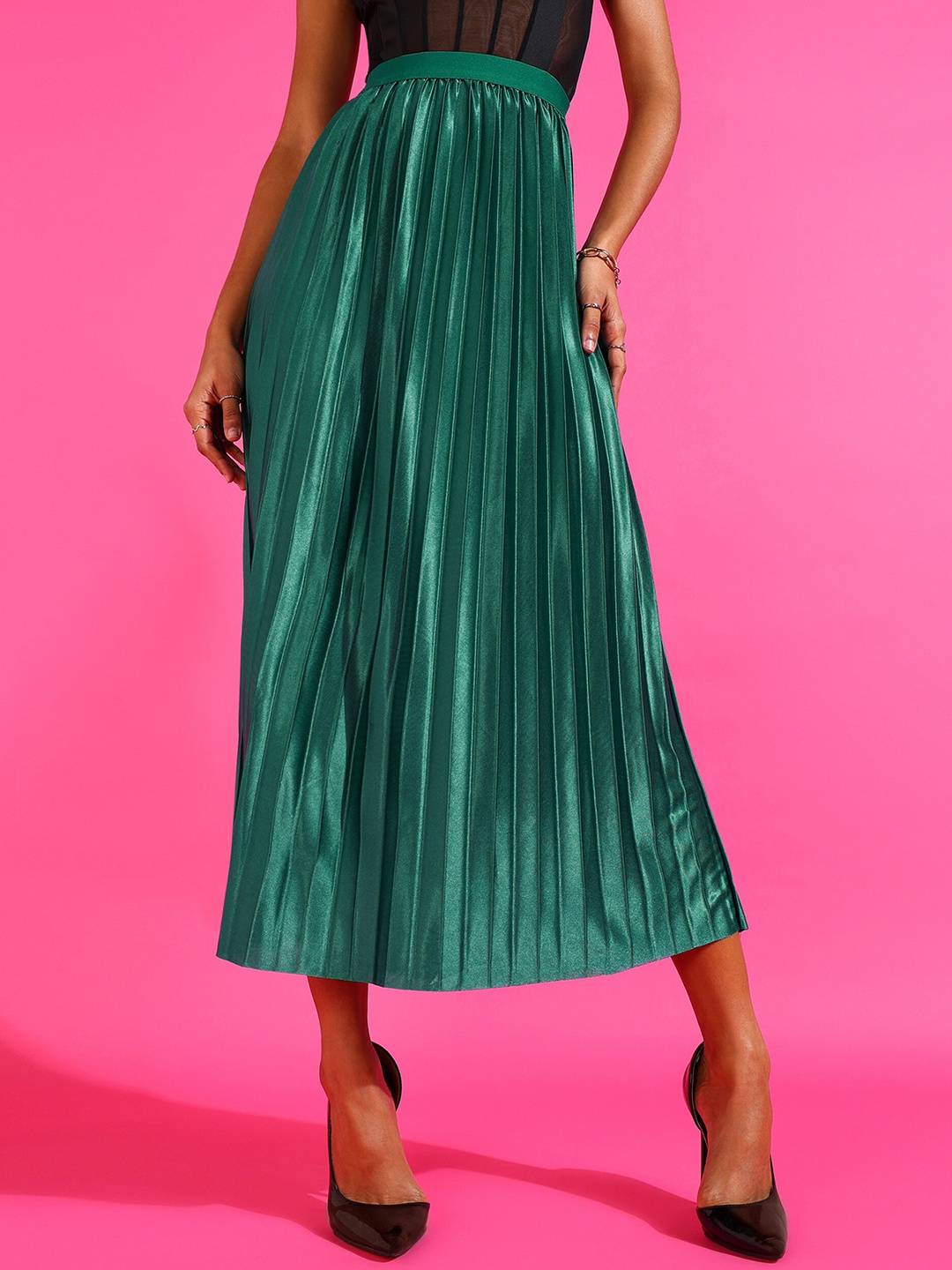 

SHECZZAR Pleated Flared Midi Skirts, Green