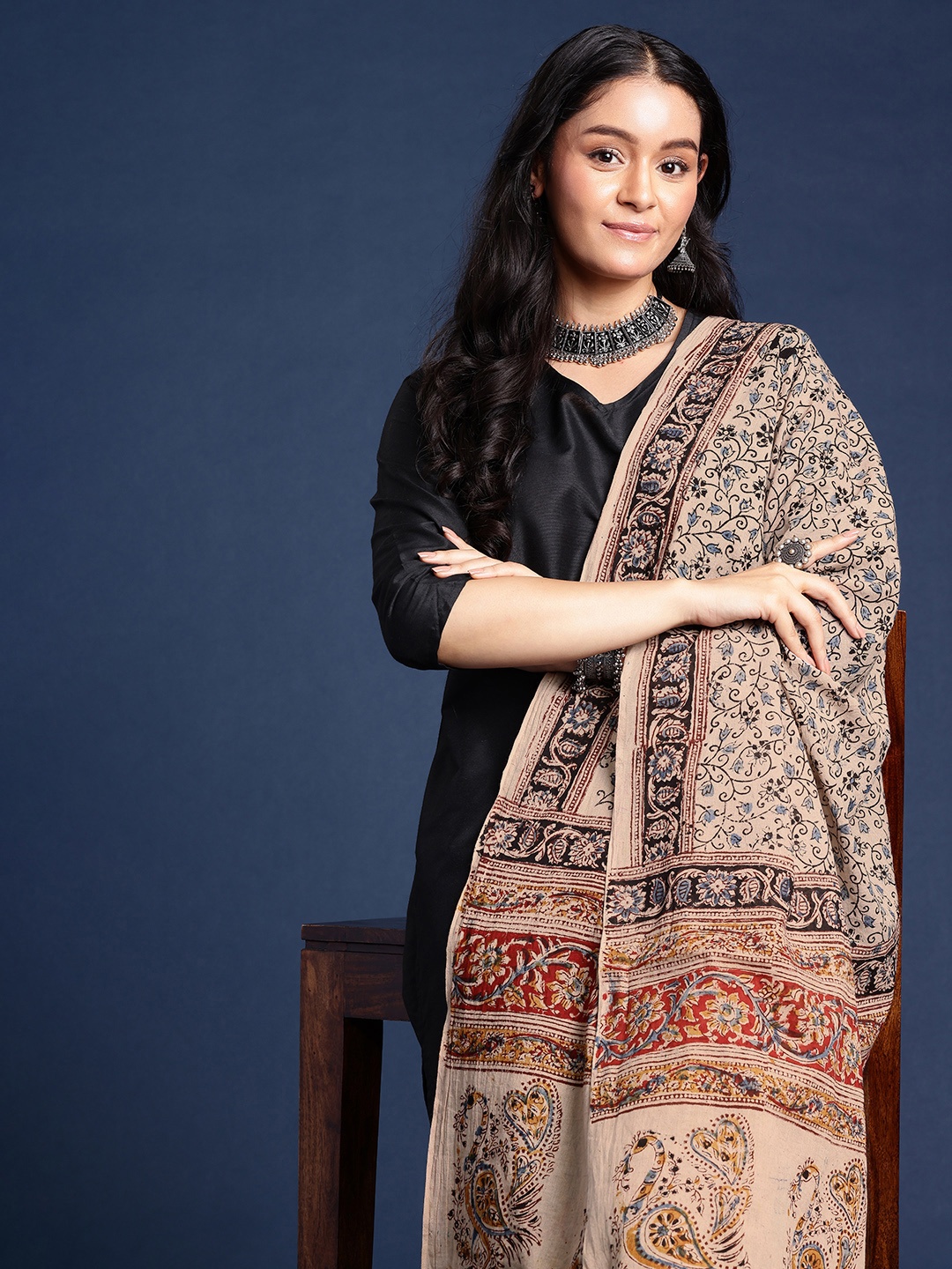 

Taavi Ethnic Motifs Hand Block Printed Kalamkari Sustainable Dupatta, Beige