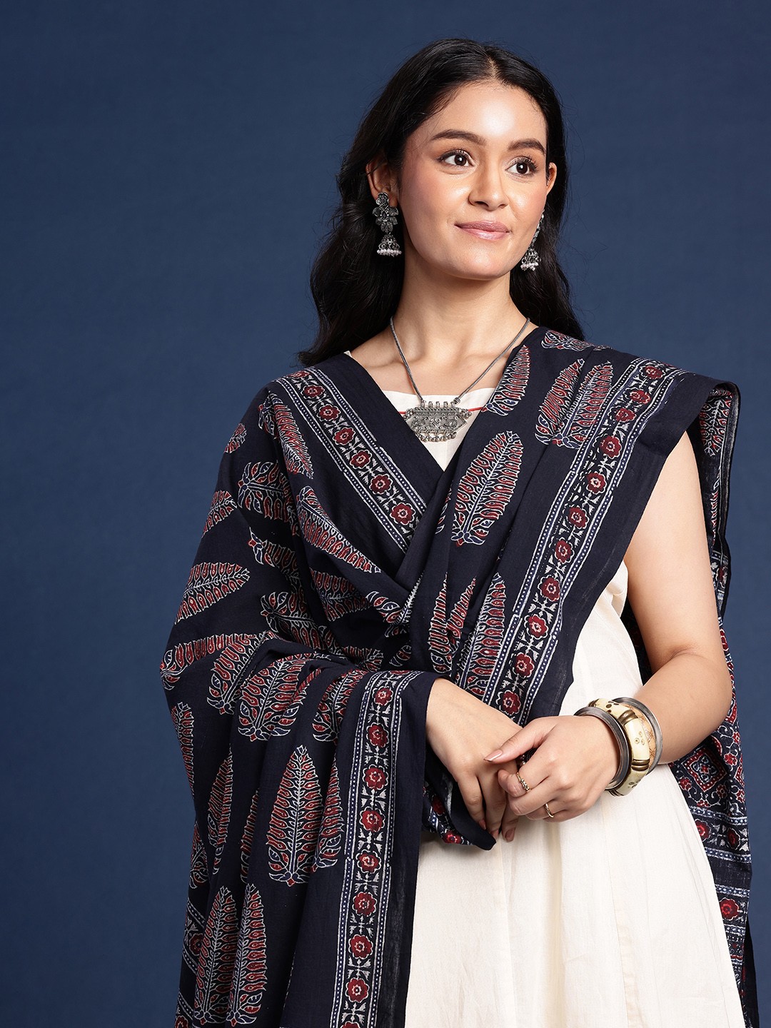 

Taavi Ethnic Motifs Hand Block Print Sustainable Dupatta, Black