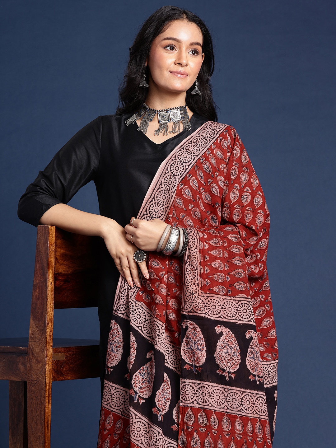 

Taavi Ethnic Motifs Hand Block Printed Kalamkari Sustainable Dupatta, Red