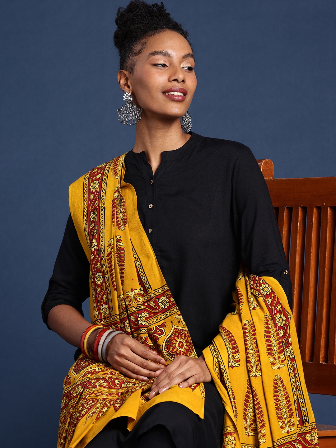 

Taavi Ethnic Motifs Printed Block Print Dupatta, Mustard