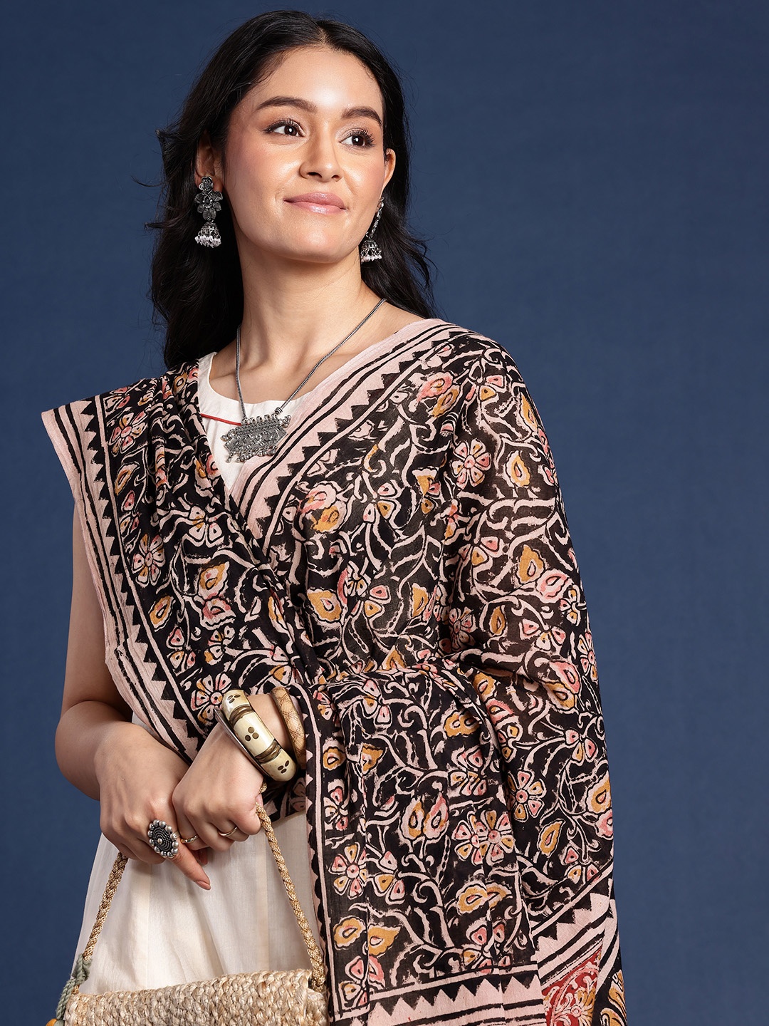 

Taavi Ethnic Motifs Hand Block Printed Sustainable Dupatta, Black