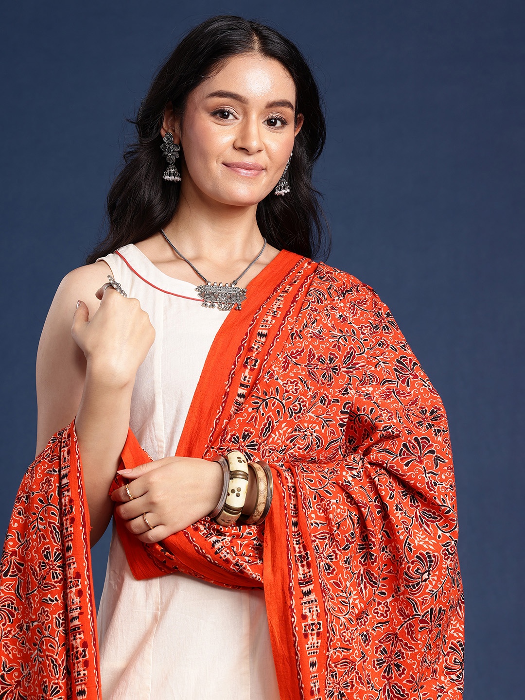 

Taavi Ethnic Motifs Hand Block Printed Sustainable Dupatta, Orange