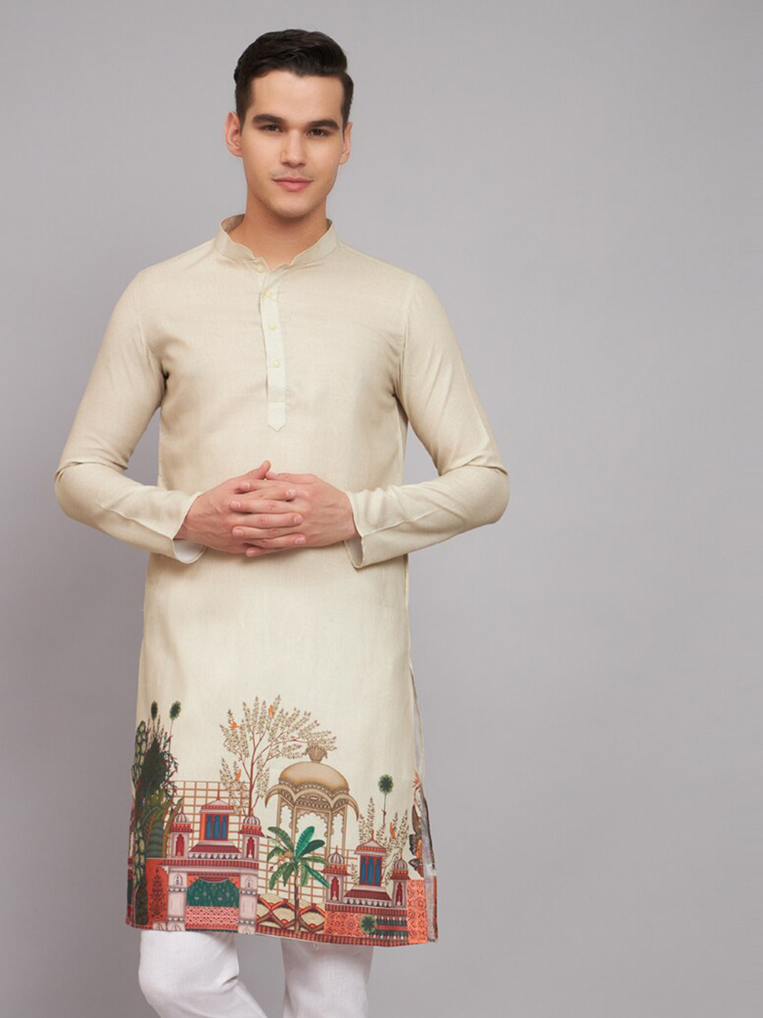 

Suktam Trendz Ethnic Motifs Printed Mandarin Collar Linen Straight Kurta, Beige