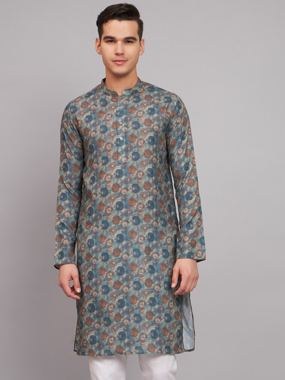 

Suktam Trendz Quirky Printed Mandarin Collar Linen Straight Kurta, Blue