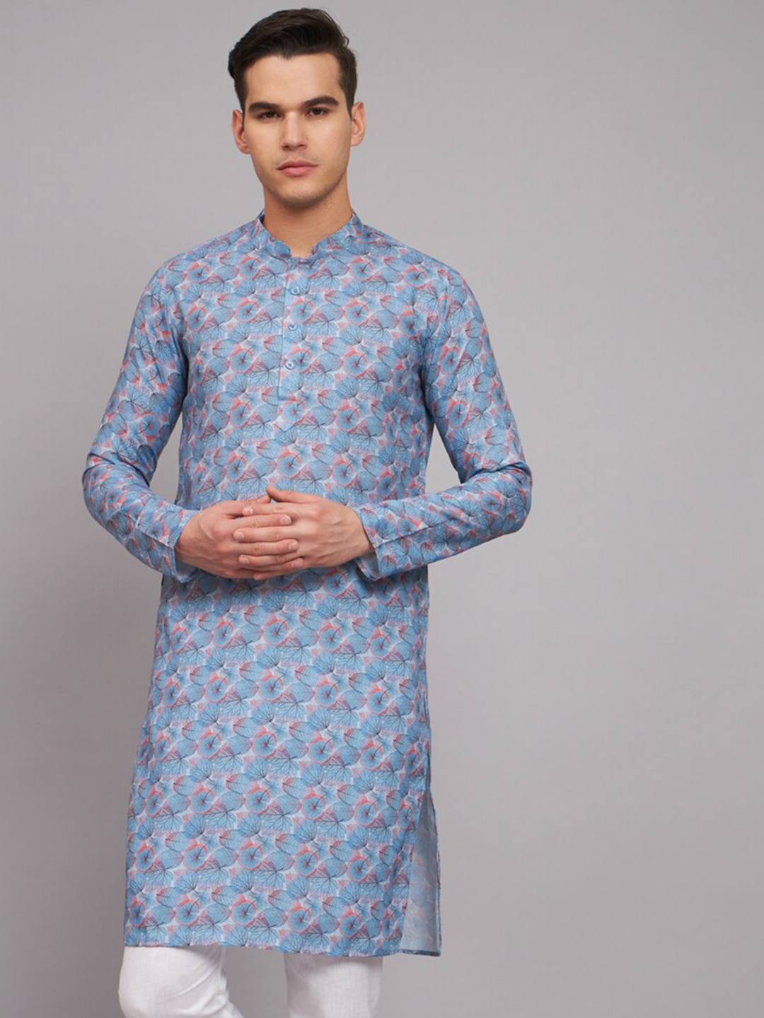 

Suktam Trendz Floral Woven Design Mandarin Collar Linen Straight kurta, Blue