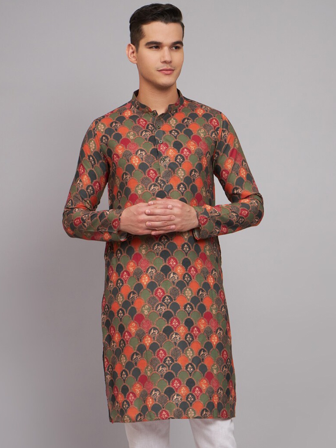 

Suktam Trendz Ethnic Motifs Printed Mandarin Collar Linen Kurta, Green