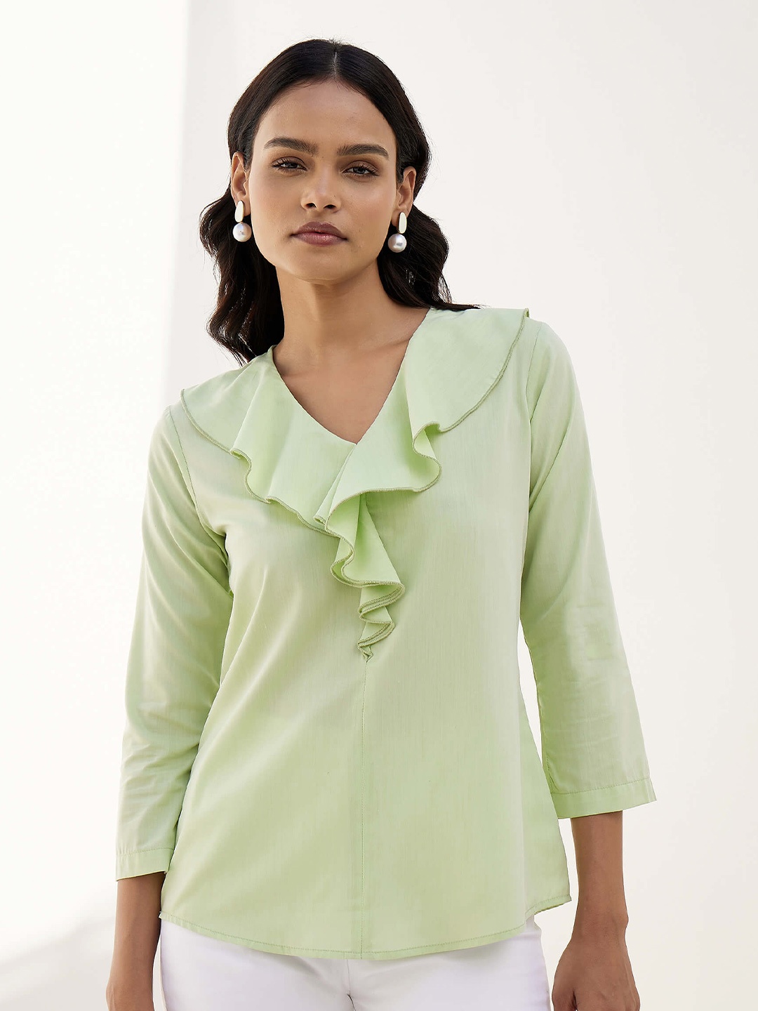 

SALT ATTIRE Cotton V-Neck Ruffles Top, Green