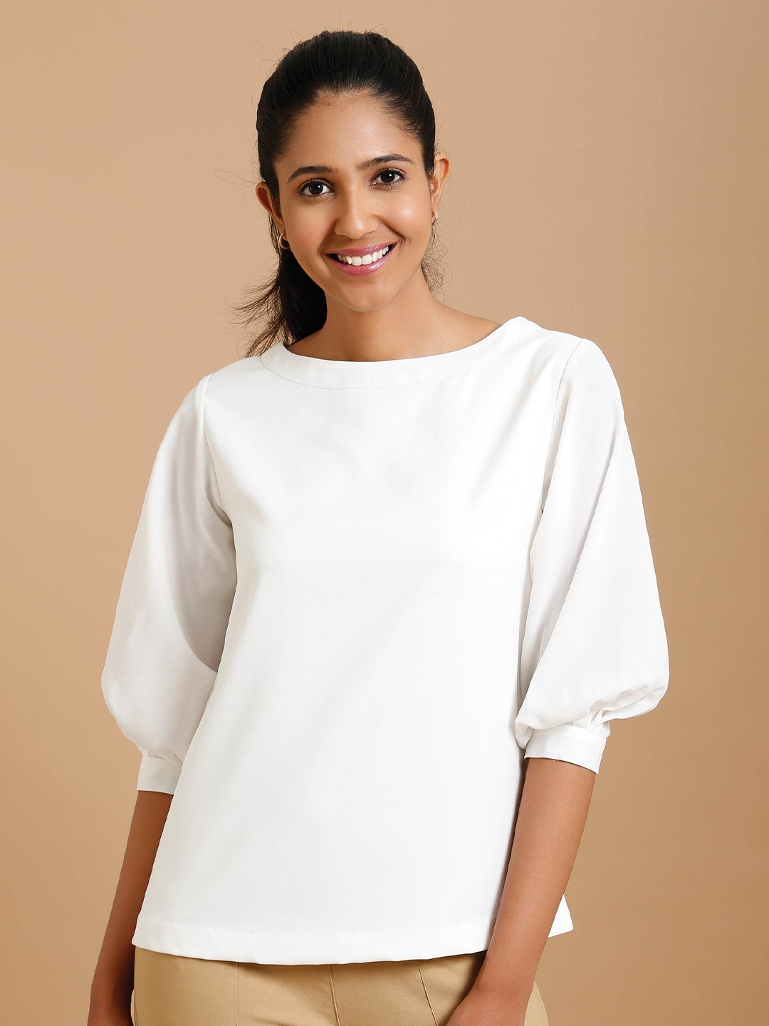 

SALT ATTIRE Boat Neck Puff Sleeve Top, White