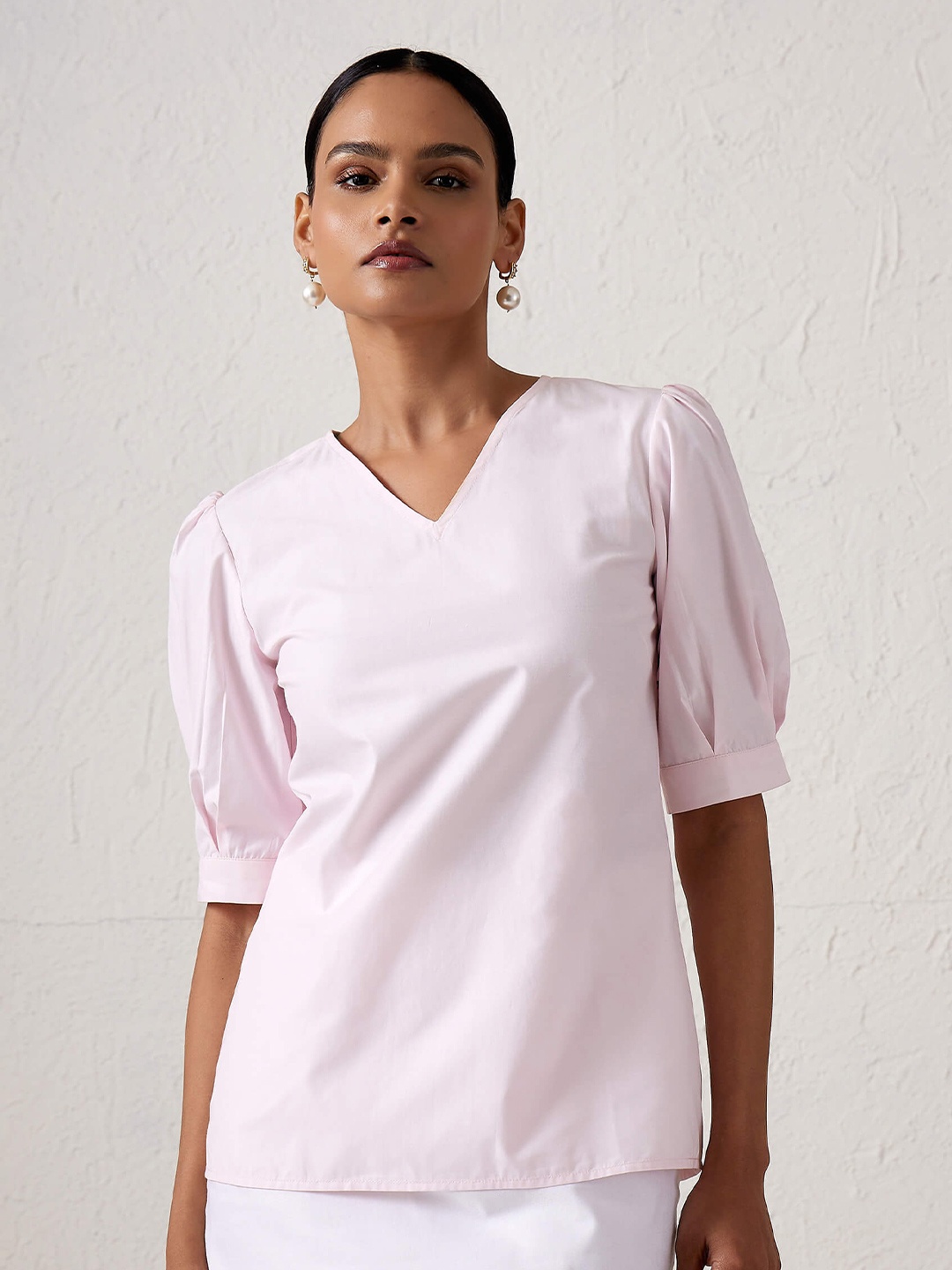 

SALT ATTIRE V Neck Puff Sleeve Cotton Regular Top, Pink