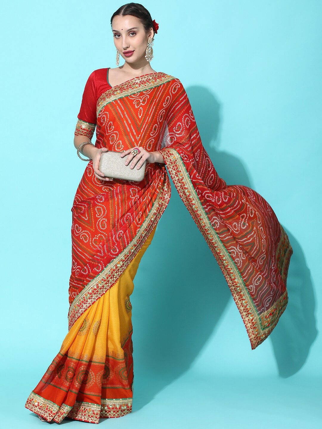 

KAVINDI Bandhani Printed Embroidered Pure Chiffon Half and Half Bandhani Saree, Yellow