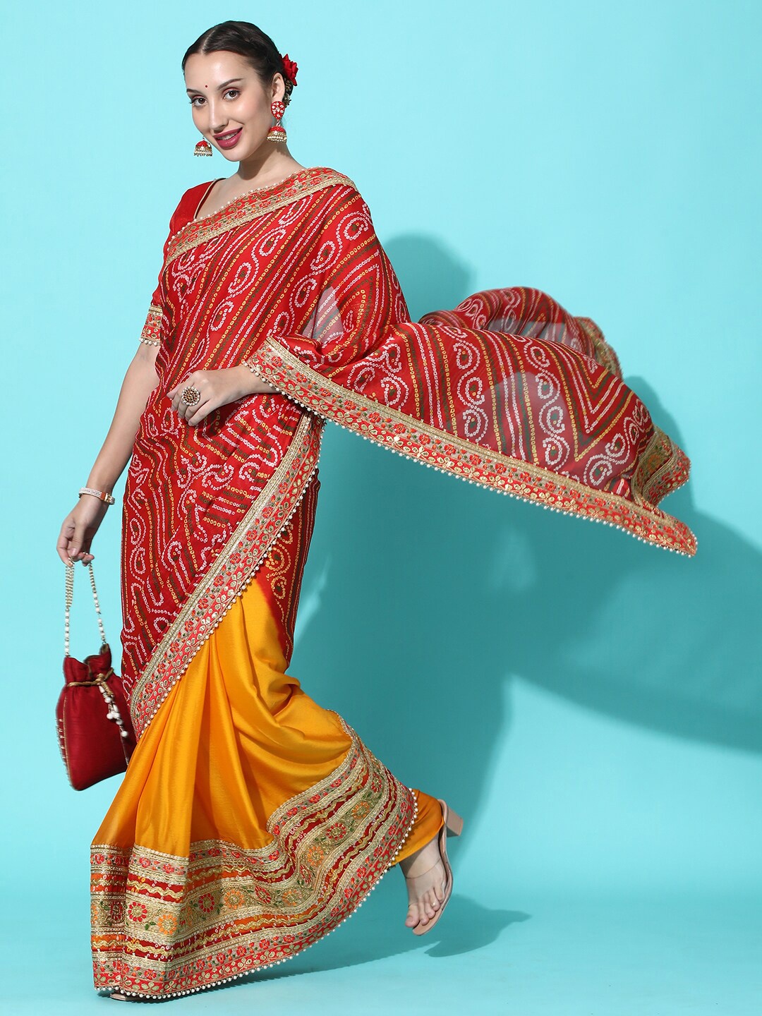 

KAVINDI Bandhani Printed Embroidered Pure Chiffon Half and Half Bandhani Saree, Yellow