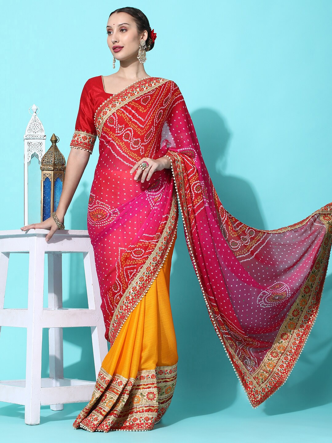 

KAVINDI Bandhani Printed Embroidered Pure Chiffon Half and Half Bandhani Saree, Yellow