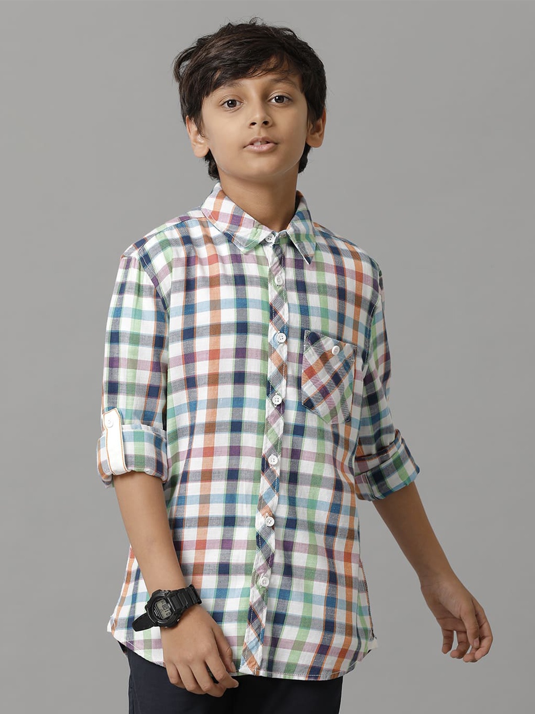 

UNDER FOURTEEN ONLY Boys Tartan Checks Opaque Cotton Casual Shirt, White