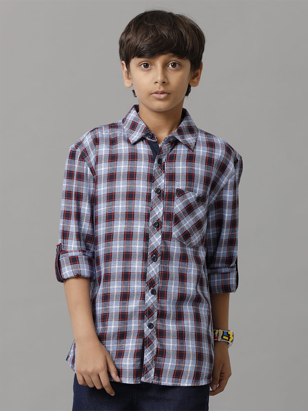 

UNDER FOURTEEN ONLY Boys Tartan Checks Opaque Cotton Casual Shirt, Navy blue