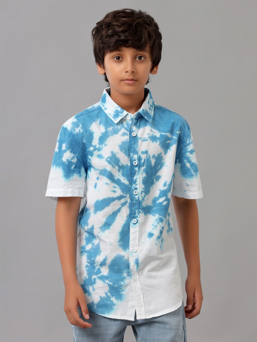 

UNDER FOURTEEN ONLY Boys Tie and Dye Opaque Printed Cotton Casual Shirt, Navy blue