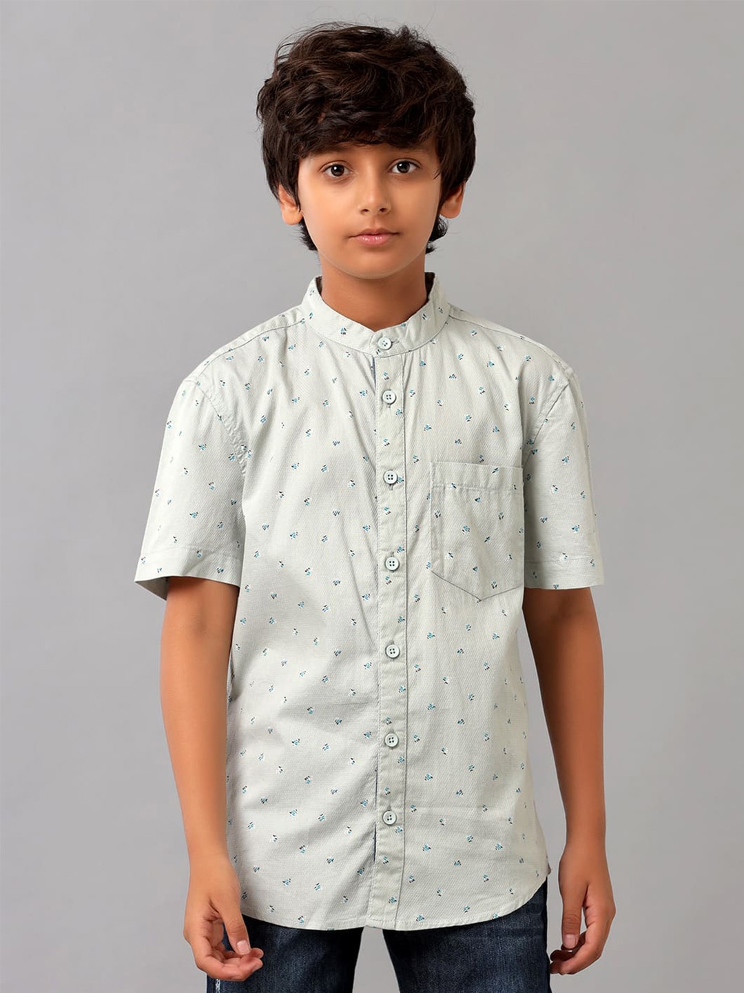 

UNDER FOURTEEN ONLY Boys Band Collar Opaque Printed Cotton Casual Shirt, Green