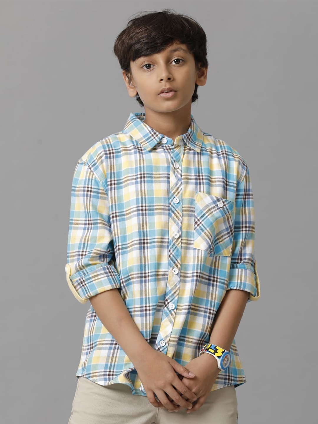 

UNDER FOURTEEN ONLY Boys Tartan Checks Opaque Checked Cotton Casual Shirt, Yellow