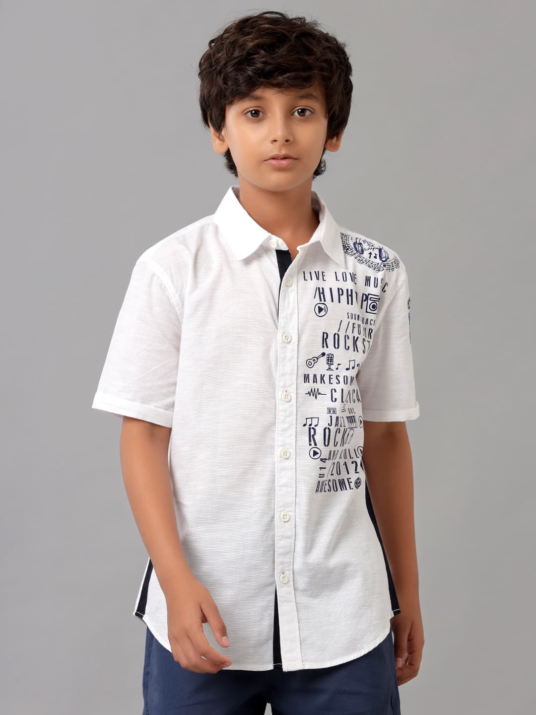 

UNDER FOURTEEN ONLY Boys Opaque Printed Cotton Casual Shirt, White