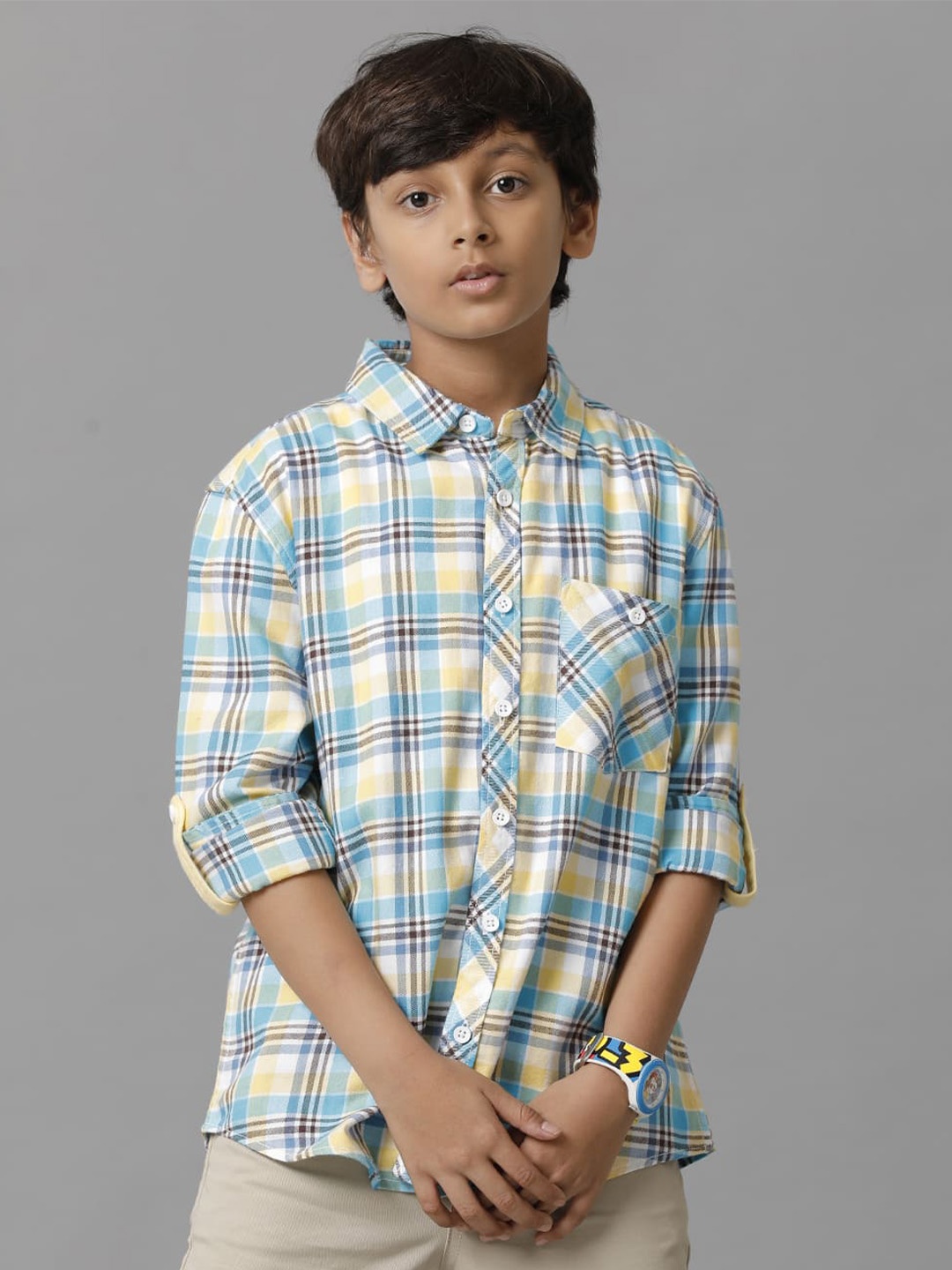 

UNDER FOURTEEN ONLY Boys Tartan Checks Opaque Checked Cotton Casual Shirt, Yellow