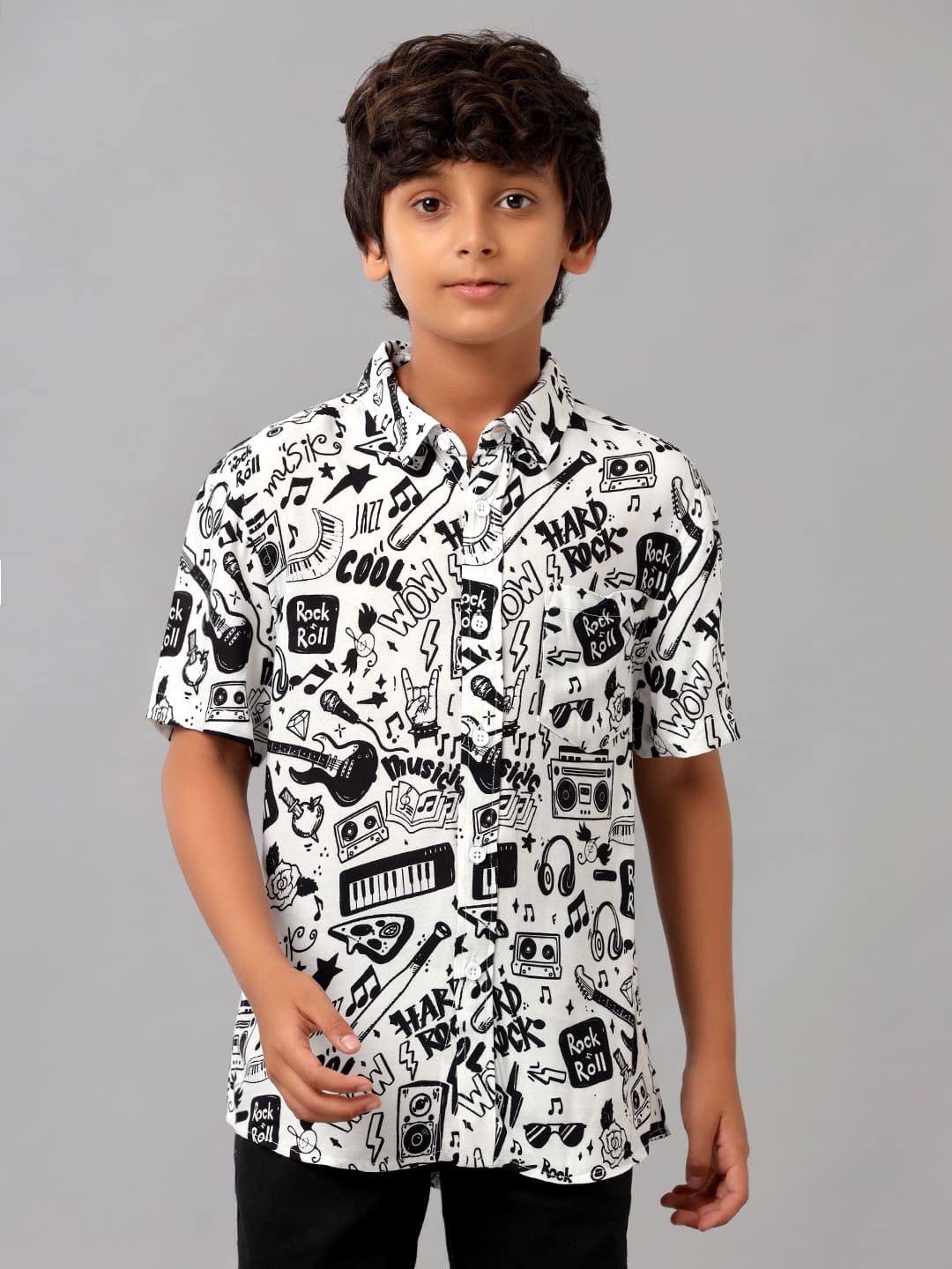 

UNDER FOURTEEN ONLY Boys Conversational Printed Cotton Casual Shirt, Black