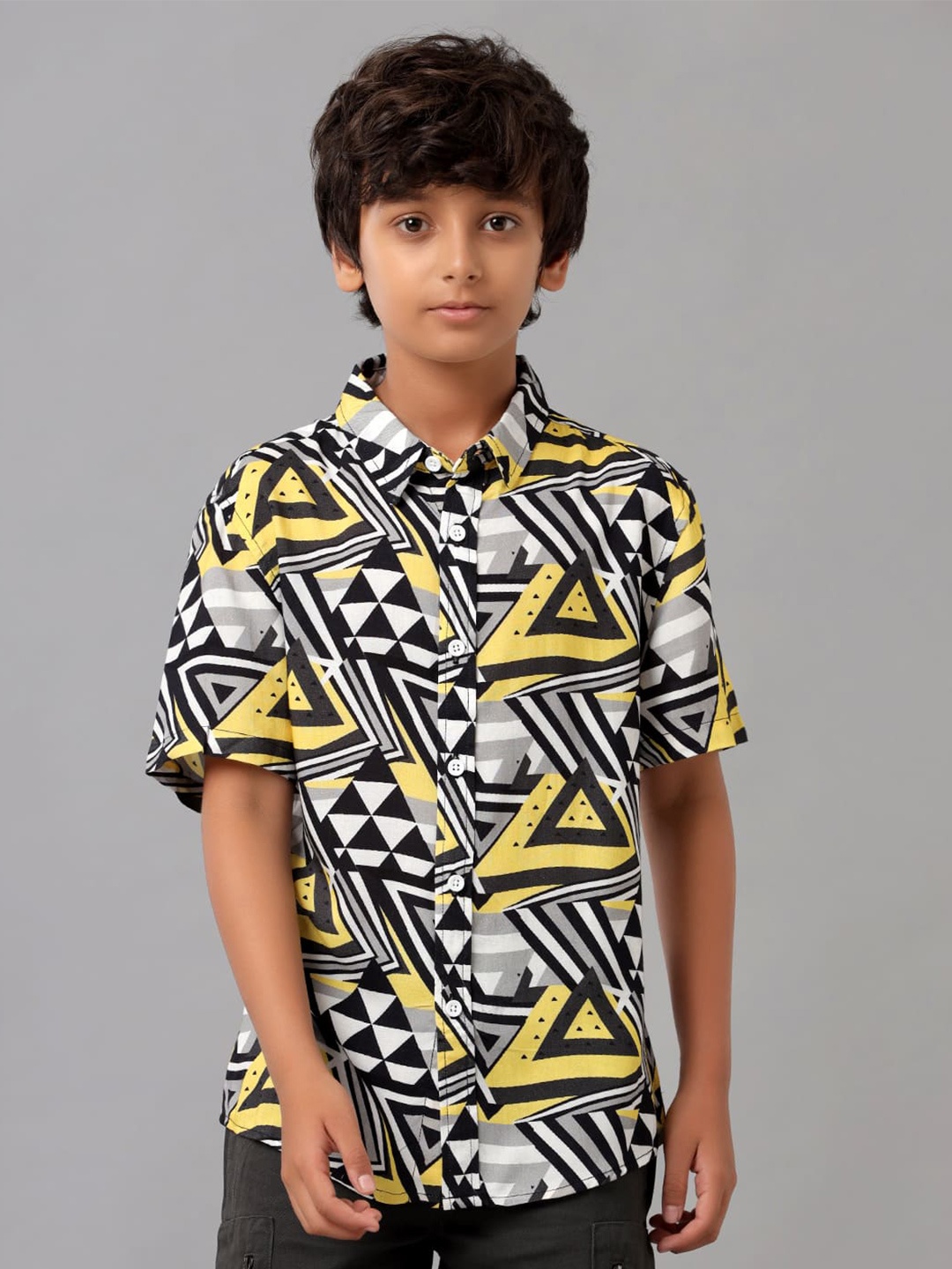 

UNDER FOURTEEN ONLY Boys Geometric Printed Cotton Casual Shirt, Yellow