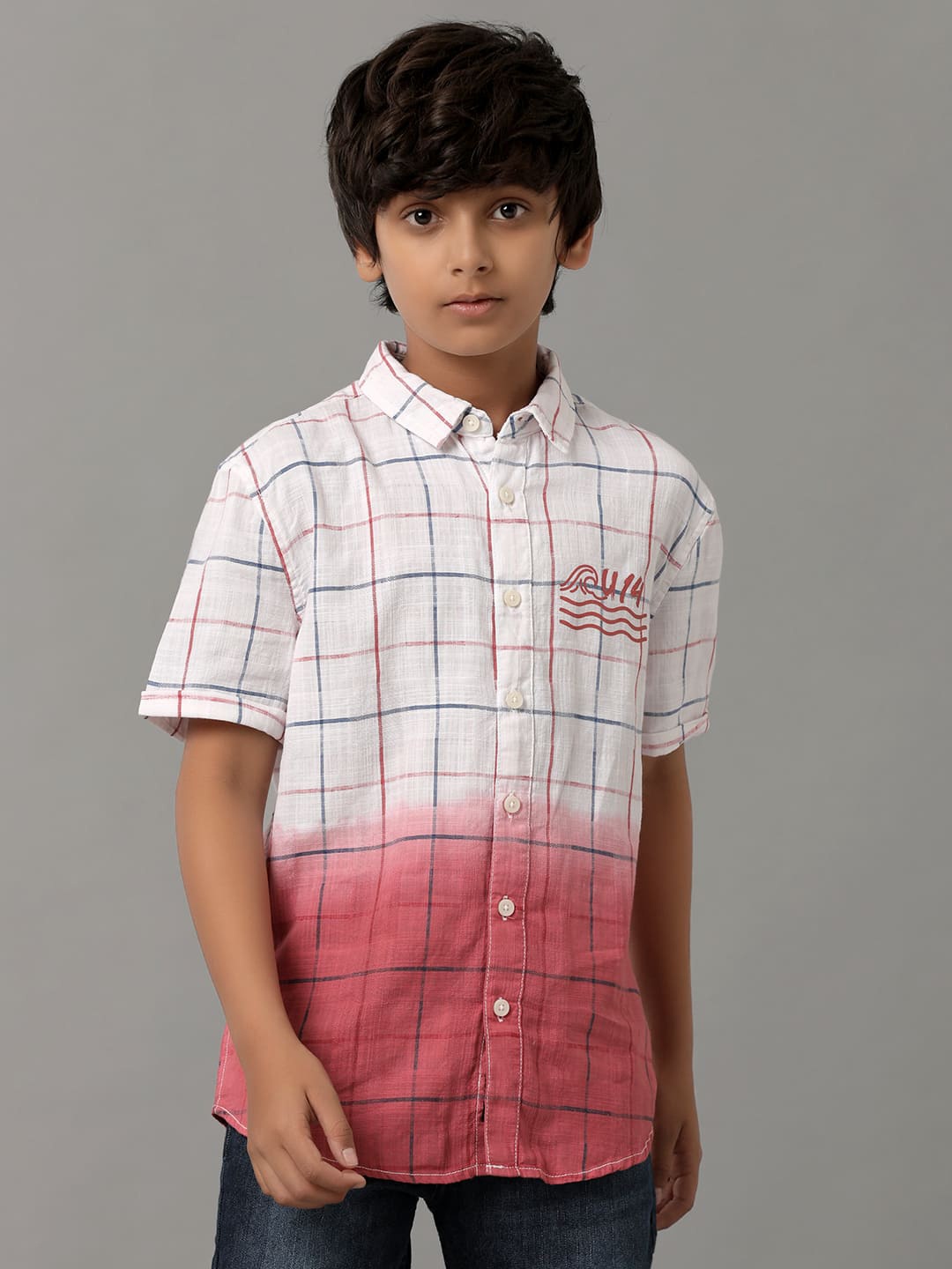 

UNDER FOURTEEN ONLY Boys Tartan Checked Ombre Cotton Casual Shirt, Red