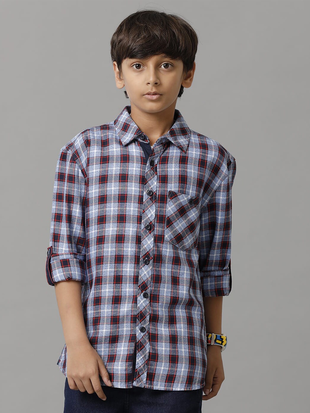 

UNDER FOURTEEN ONLY Boys Tartan Checks Opaque Checked Cotton Casual Shirt, Navy blue