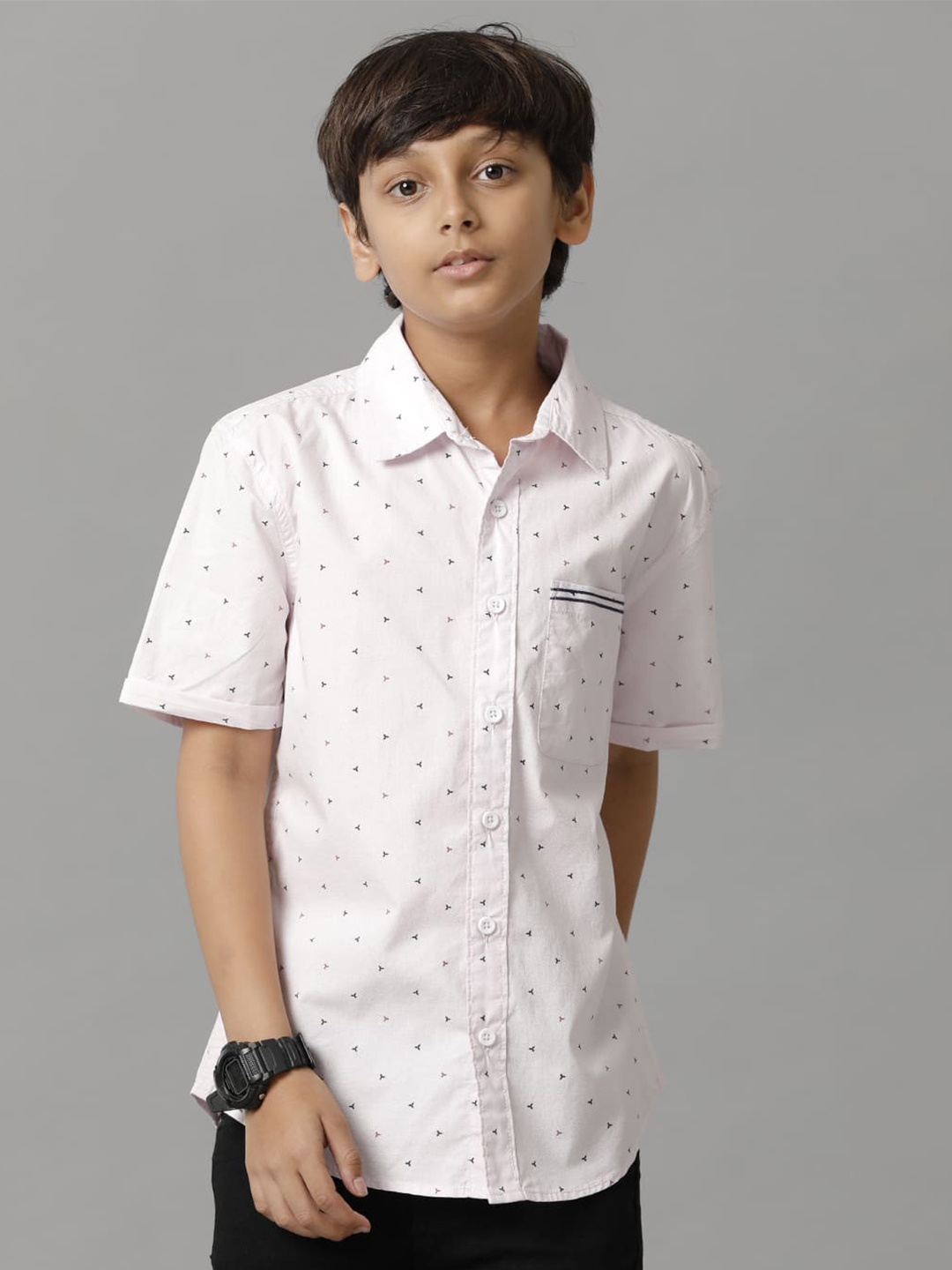 

UNDER FOURTEEN ONLY Boys Spread Collar Opaque Printed Cotton Casual Shirt, Pink