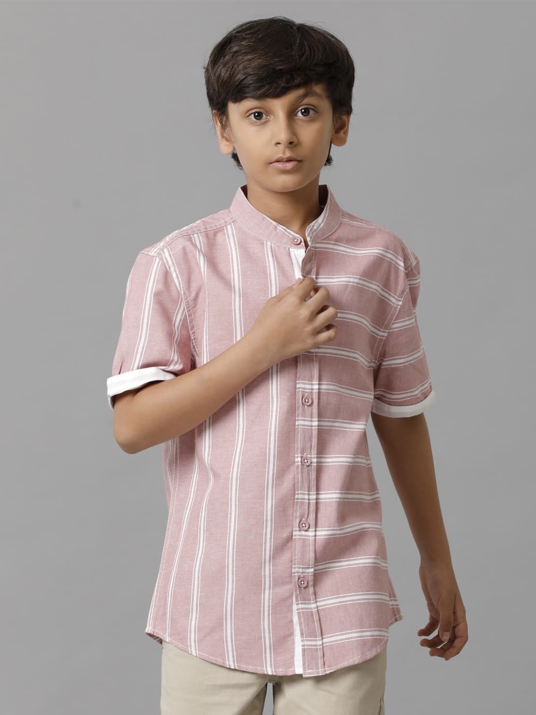 

UNDER FOURTEEN ONLY Boys Horizontal Striped Cotton Opaque Casual Shirt, Peach