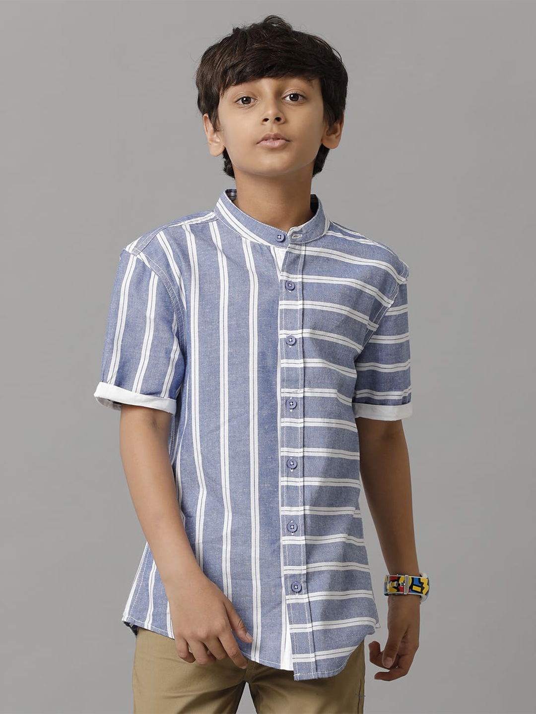 

UNDER FOURTEEN ONLY Boys Opaque Striped Cotton Casual Shirt, Blue