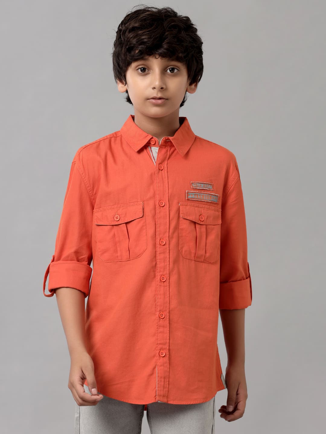 

UNDER FOURTEEN ONLY Boys Spread Collar Casual Cotton Shirt, Orange