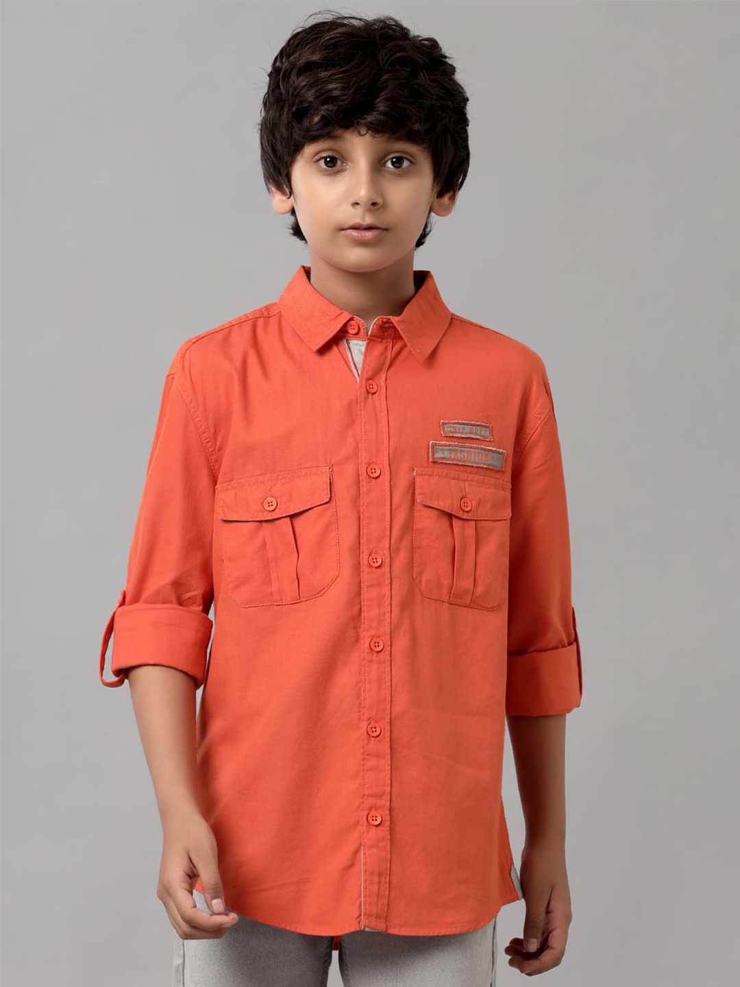 

UNDER FOURTEEN ONLY Boys Roll-Up Sleeves Cotton Opaque Casual Shirt, Orange