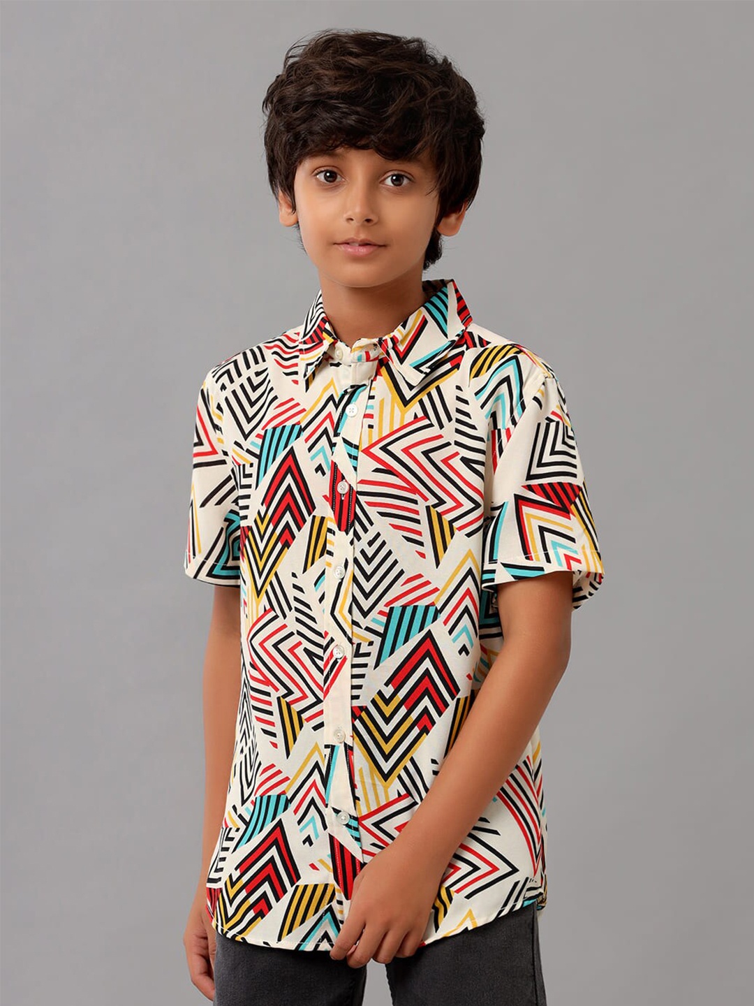 

UNDER FOURTEEN ONLY Boys Abstract Printed Cotton Opaque Casual Shirt, Cream