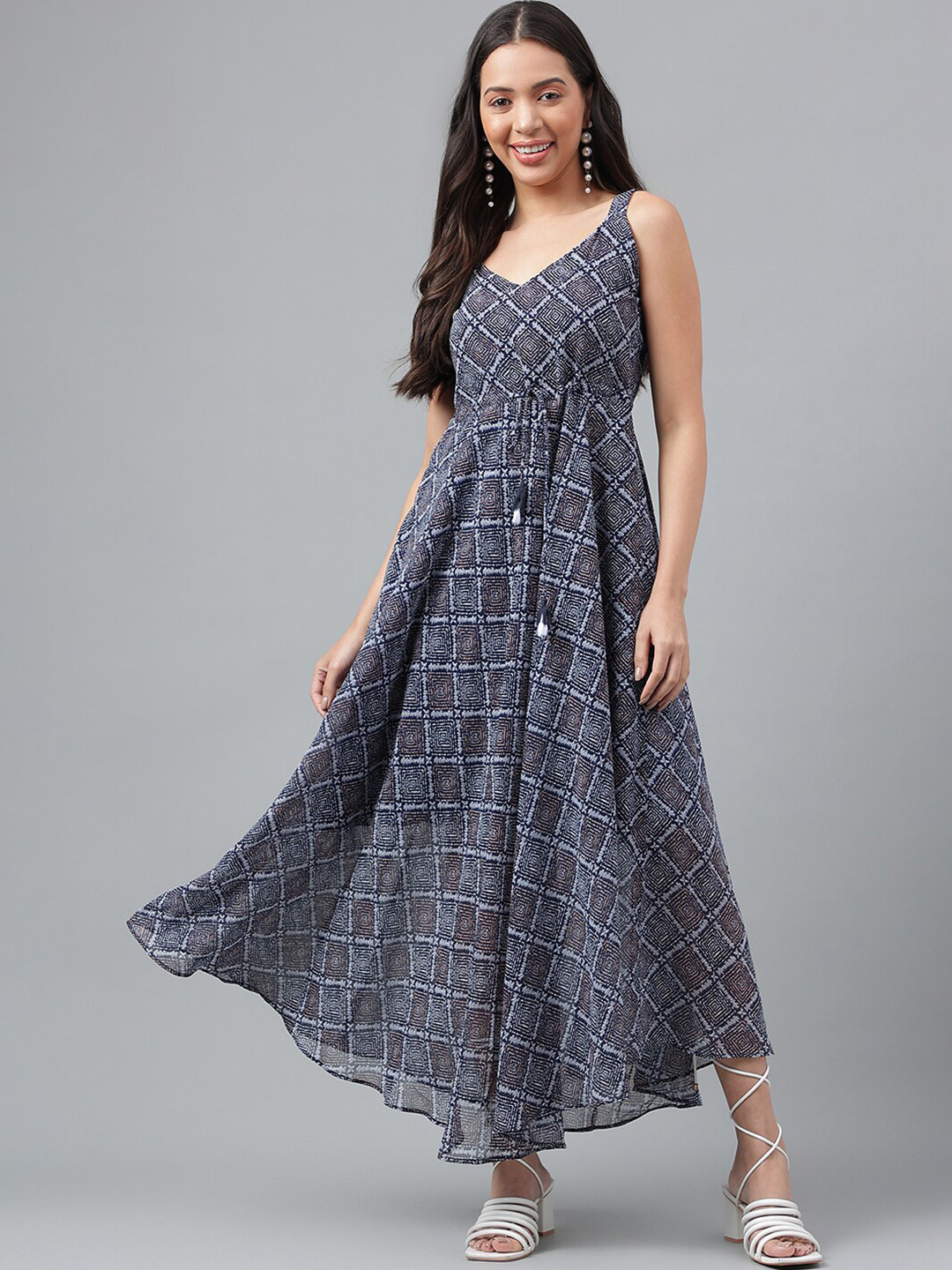 

Suktam Trendz V Neck Ethnic Motifs Print Georgette Maxi Dress, Blue
