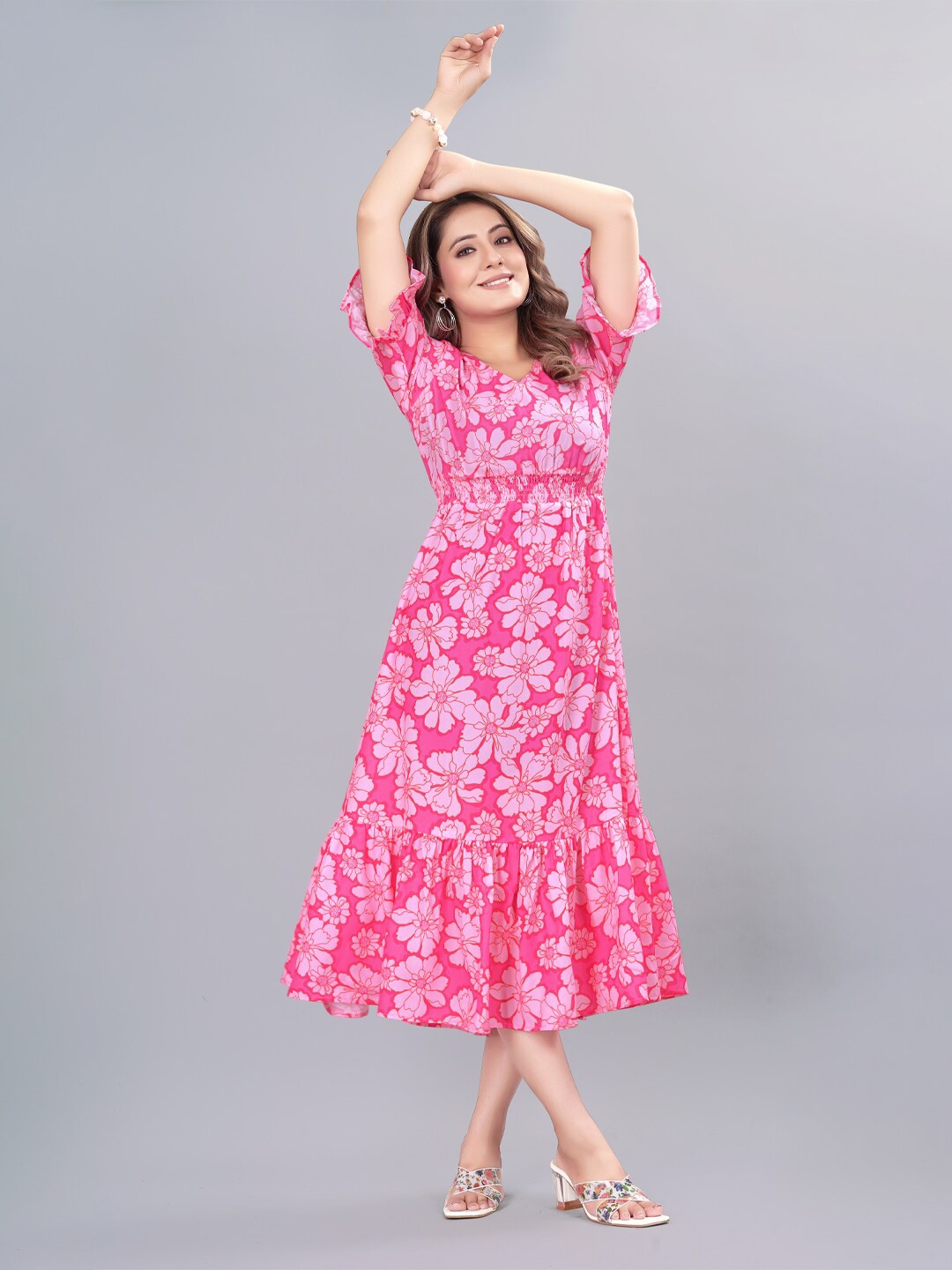 

Suktam Trendz Floral Print Crepe A-Line Midi Dress, Pink