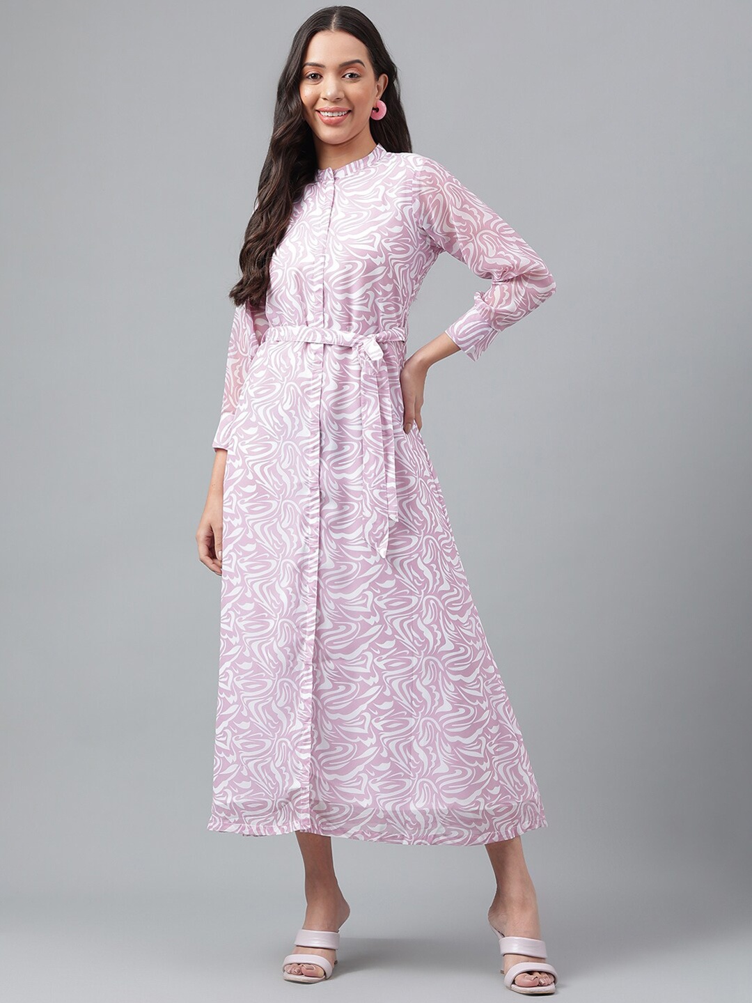 

Suktam Trendz Mandarin Collar Ethnic Print Georgette A-Line Midi Dress with Belt, Purple